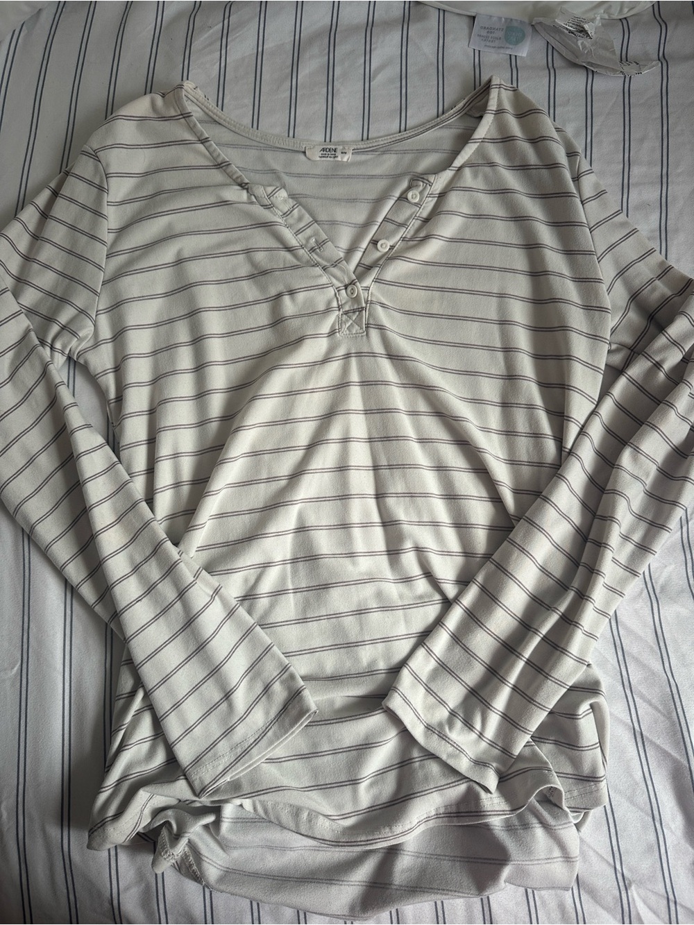 Ardene Cream and Gray Striped Henley Long-Sleeve Top